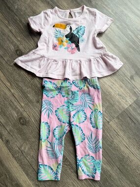 PekkIe Pink Tropical Baby Set - Toucan Peplum Top & Matching Leggings 6M